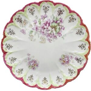 Violets Weimar Germany Green Scalloped Pink Morning Glory Gold Accents Edge Dish